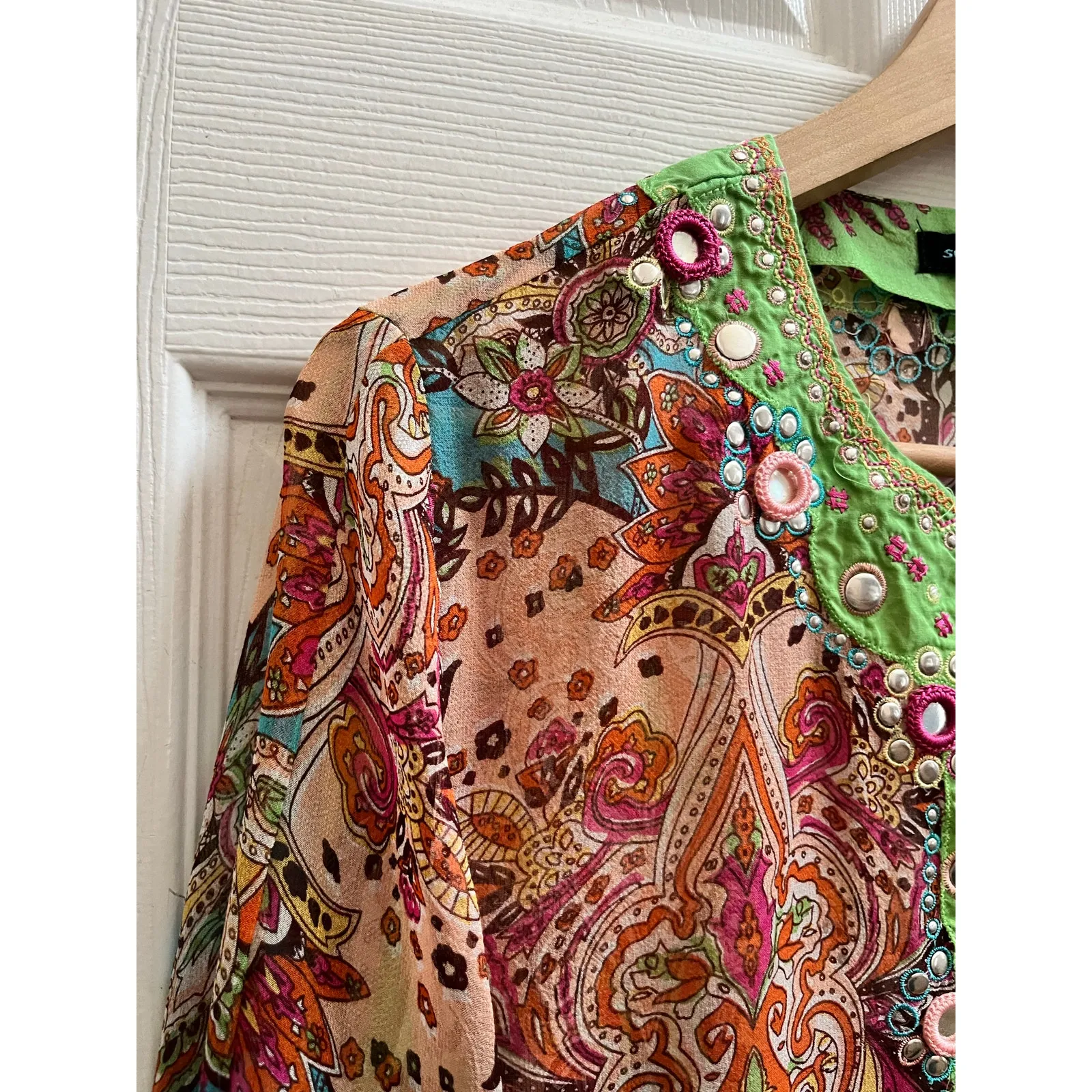Saint Tropez West Silk Semi Sheer Multicolor Stud Embellish Cover Up Tunic Large - Image 6