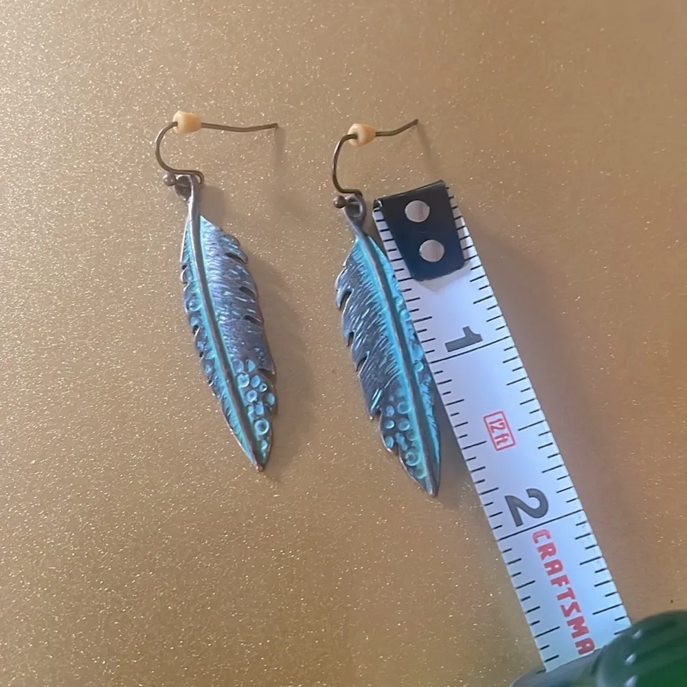 Light Blue/Green Feather Dangle Earrings, Hook Backing Blue - Image 2