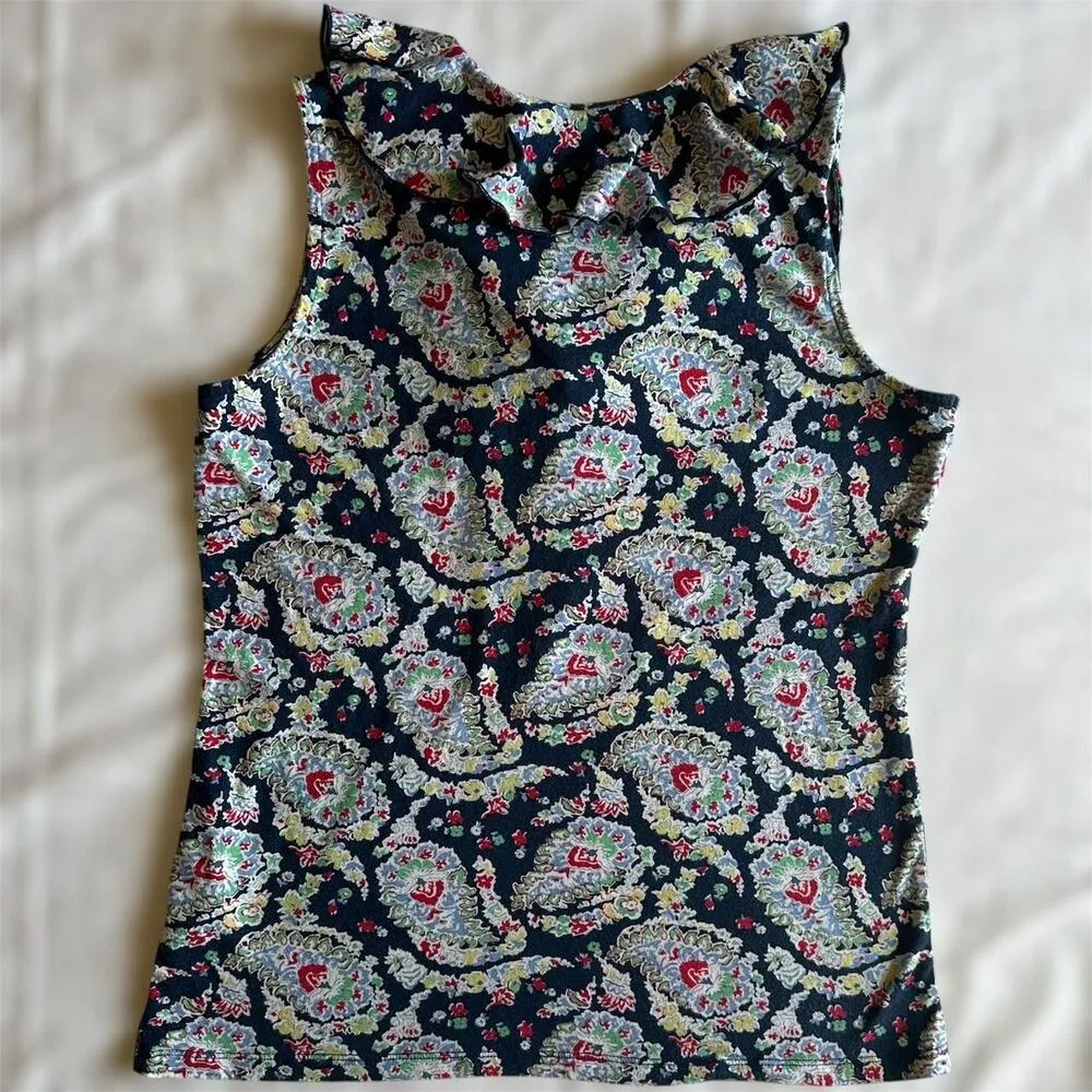 Chaps Ralph Lauren Navy Paisley V Neck Tank W/ Ruffles & Bow Sz S Artsy Preppy - Image 5