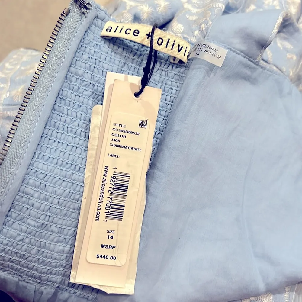 Alice & Olivia Kaidra Embroidered Mini Dress, Chambray/White Size 14 NEW w/Tag - Image 8