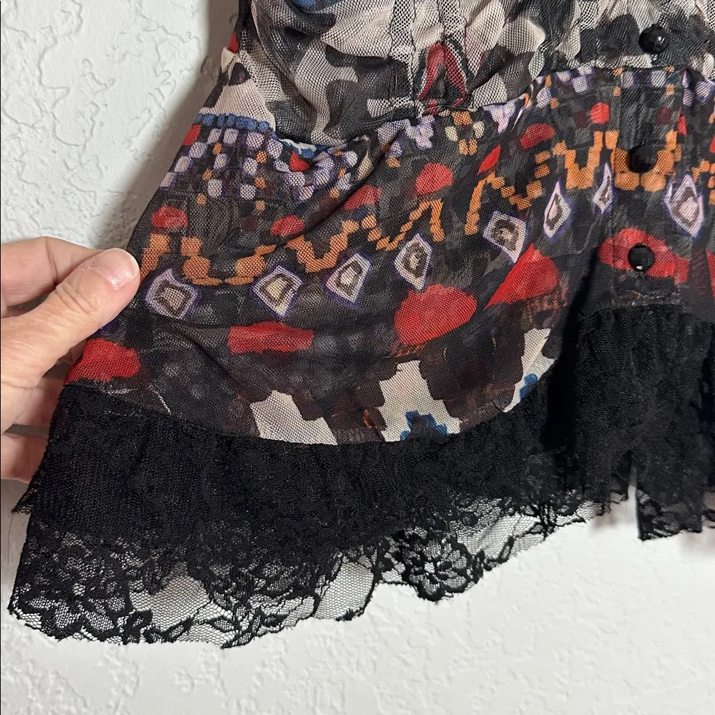 Y2K Goth Black Lace Top Sheer Patterned Red Double Layer Lace Button Up Large - Image 4