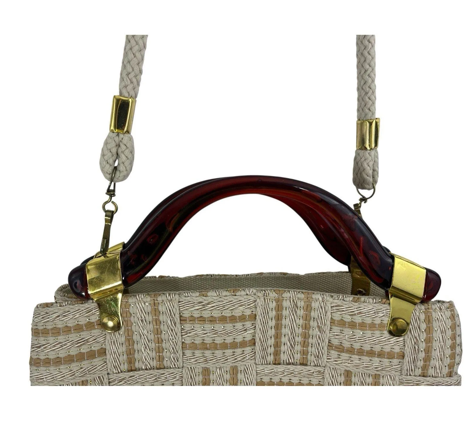Vtg Handbag Purse Woven Purse Lucite Handles Made In Italy NWT Bohemian Neutral Tan - Image 6