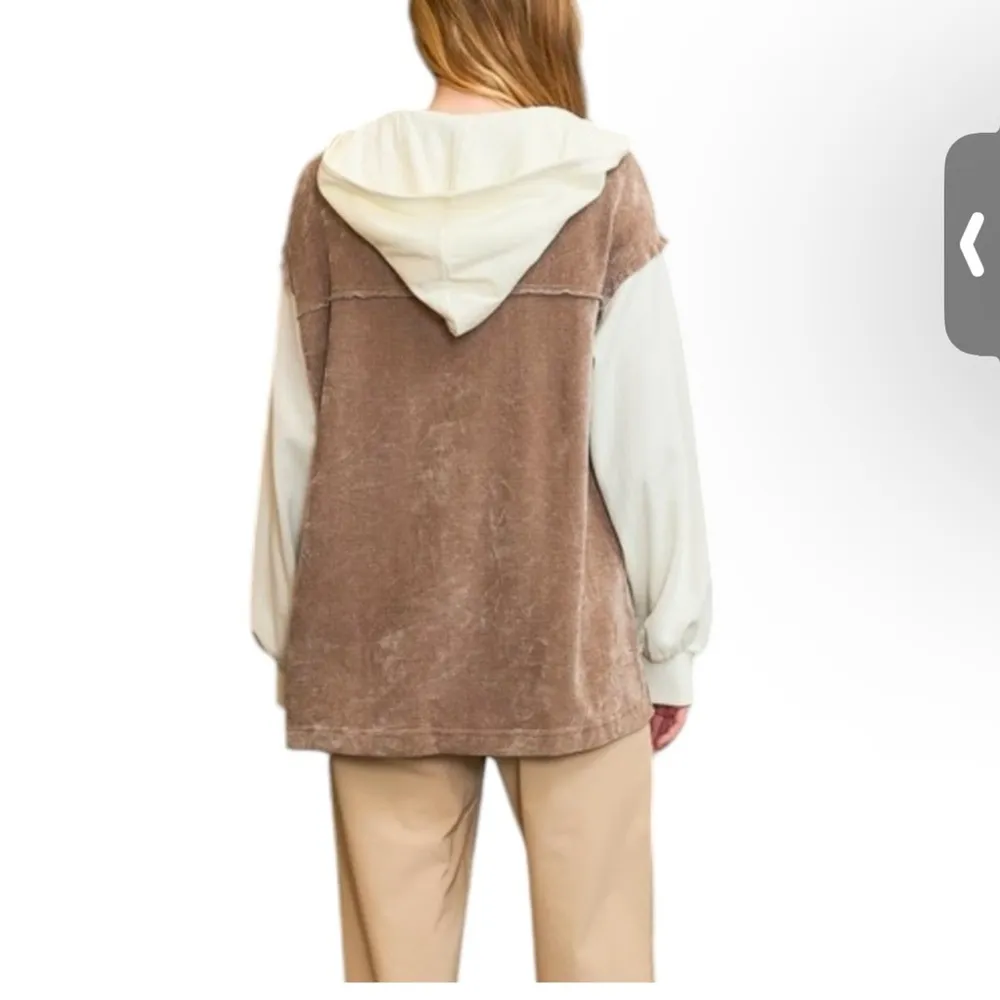 Navy/Grey Chenille Hooded Button Front Shacket Size L - Image 2