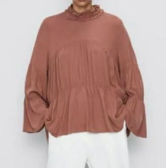 Zara Rose Pink Smocked High Neck Tiered Bell Sleeve Top Blouse Small - Image 2