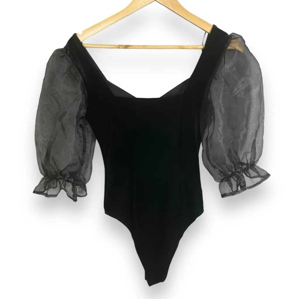 Forever 21 Velour Bodysuit‎ Top Puffed Sleeves Sheer Black Small Stretch Velvet - Image 2