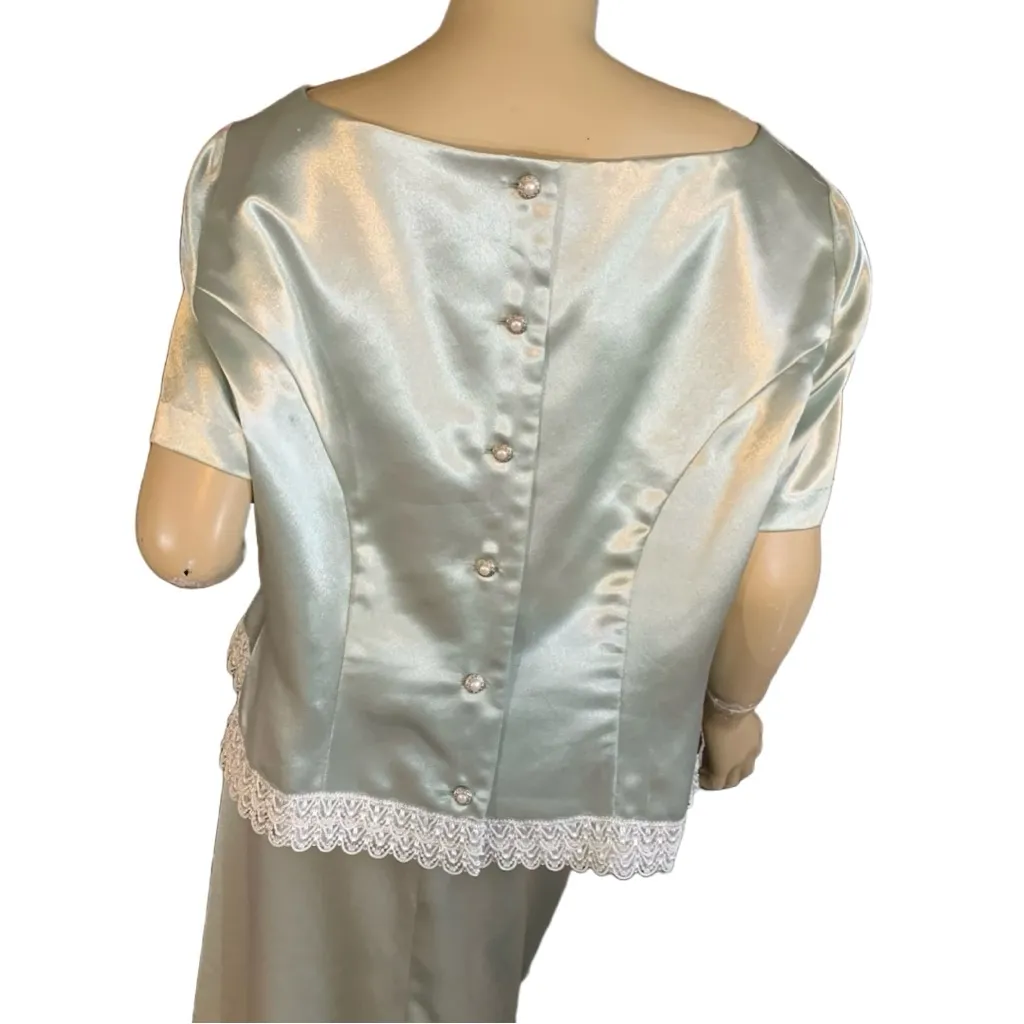 VINTAGE 1980'S HANDMADE/HOMEMADE MINTY GREEN SATIN W/WHITE TRIM SKIRT SET (XL) - Image 6