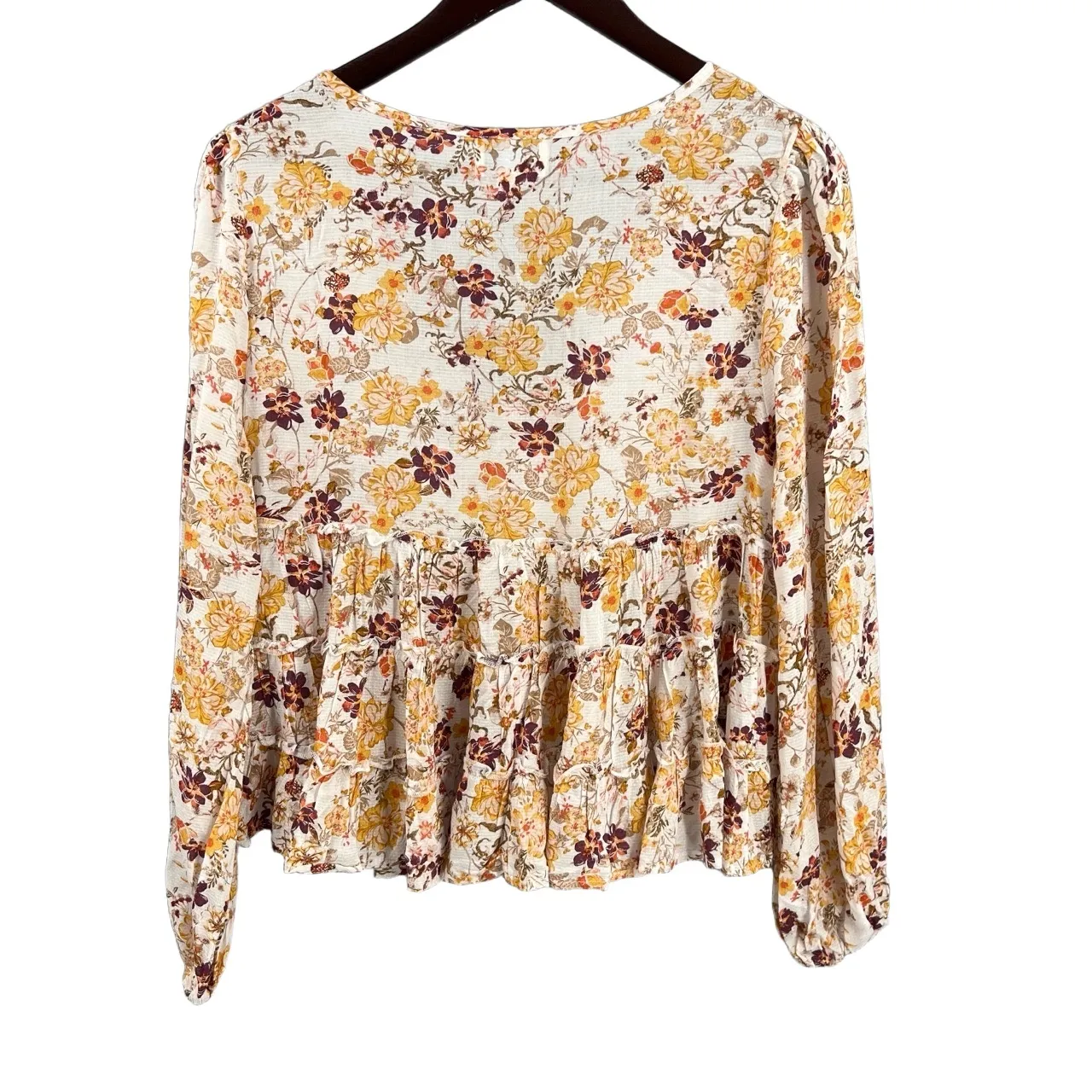 JUN & IVY Floral Ruffled Blouse White Long Sleeve Rayon Size S - Image 3