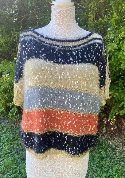 Shana K Multicolor Striped Short Sleeve Soft Fuzzy Stretchy Sweater Size M Blue Size M - Image 1