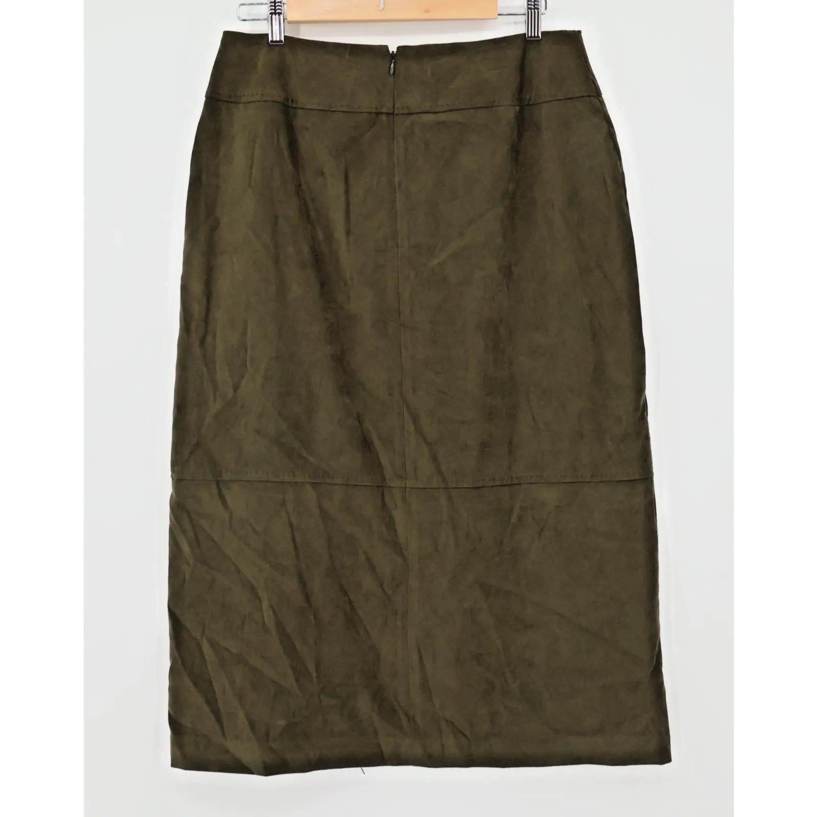 NWT Olive Green Vegan Suede‎ Pencil Skirt Fall Business Casual Goblin Size 12P - Image 5