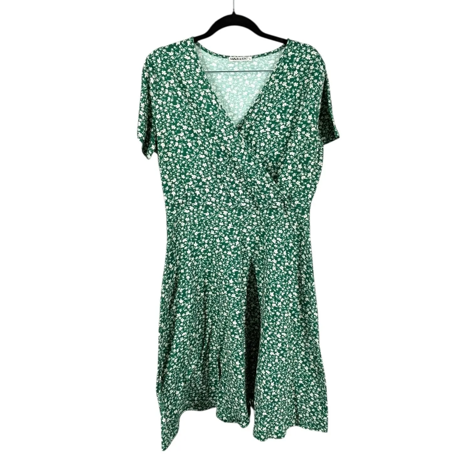 Green Floral Faux Wrap Midi Dress Short Sleeve Flowy Large - Image 2