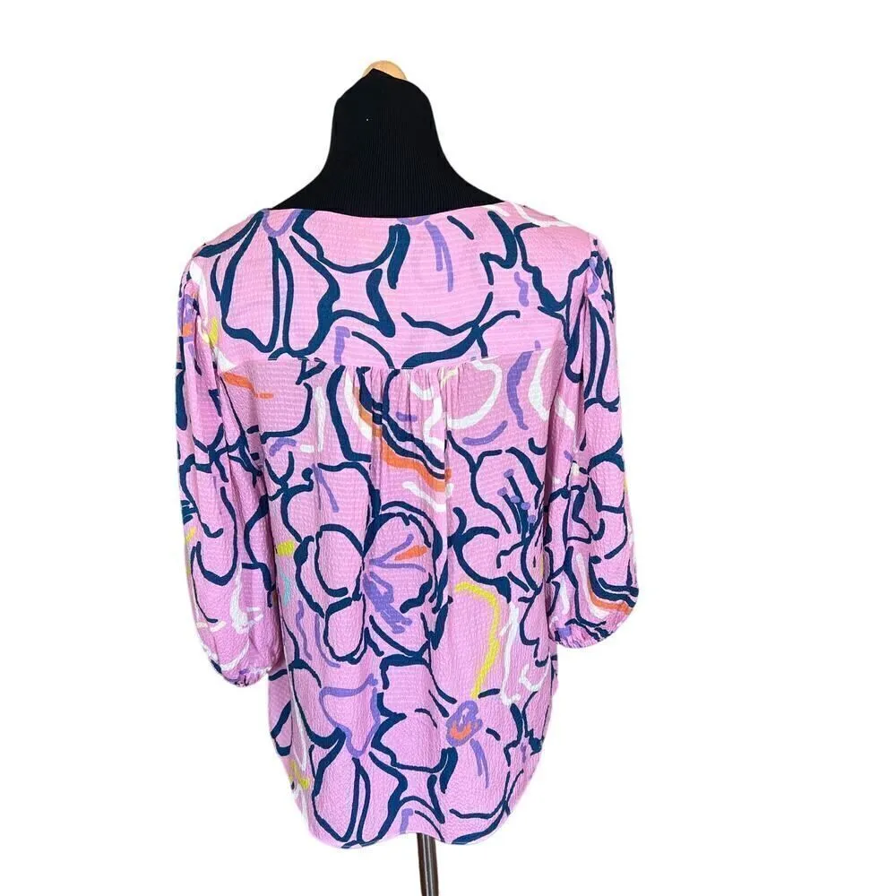 Tanya Taylor Pink Painted Floral Textured Silk 3/4 Sleeve V Neck Blouse Size 4 - Image 6