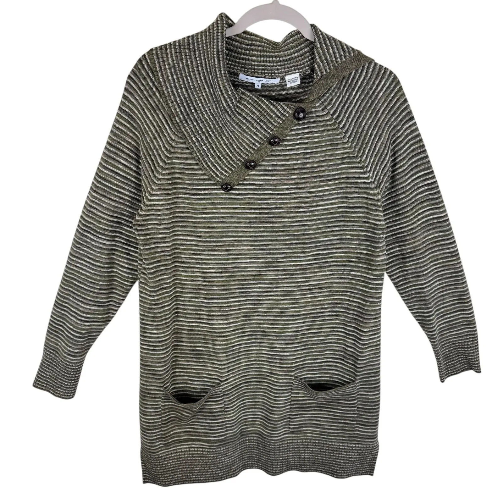 Eight Eight Eight 100% Cotton Green Cream Brown Striped Sweater Tunic Size M - Image 1