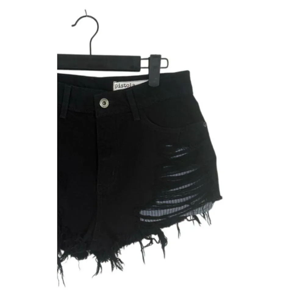 Pistola Cutoff Distressed Jean Shorts Raw Ripped Hem High Rise Pockets 27 Black - Image 3