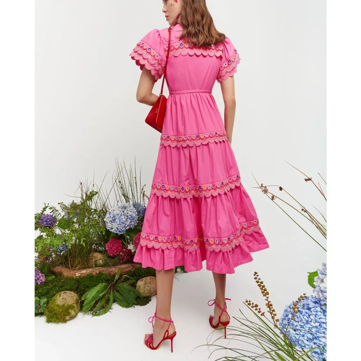Celia B Alvis Embroidered Tiered Midi Dress Fuchsia Size XS NWT Colorful Scallop Pink - Image 10