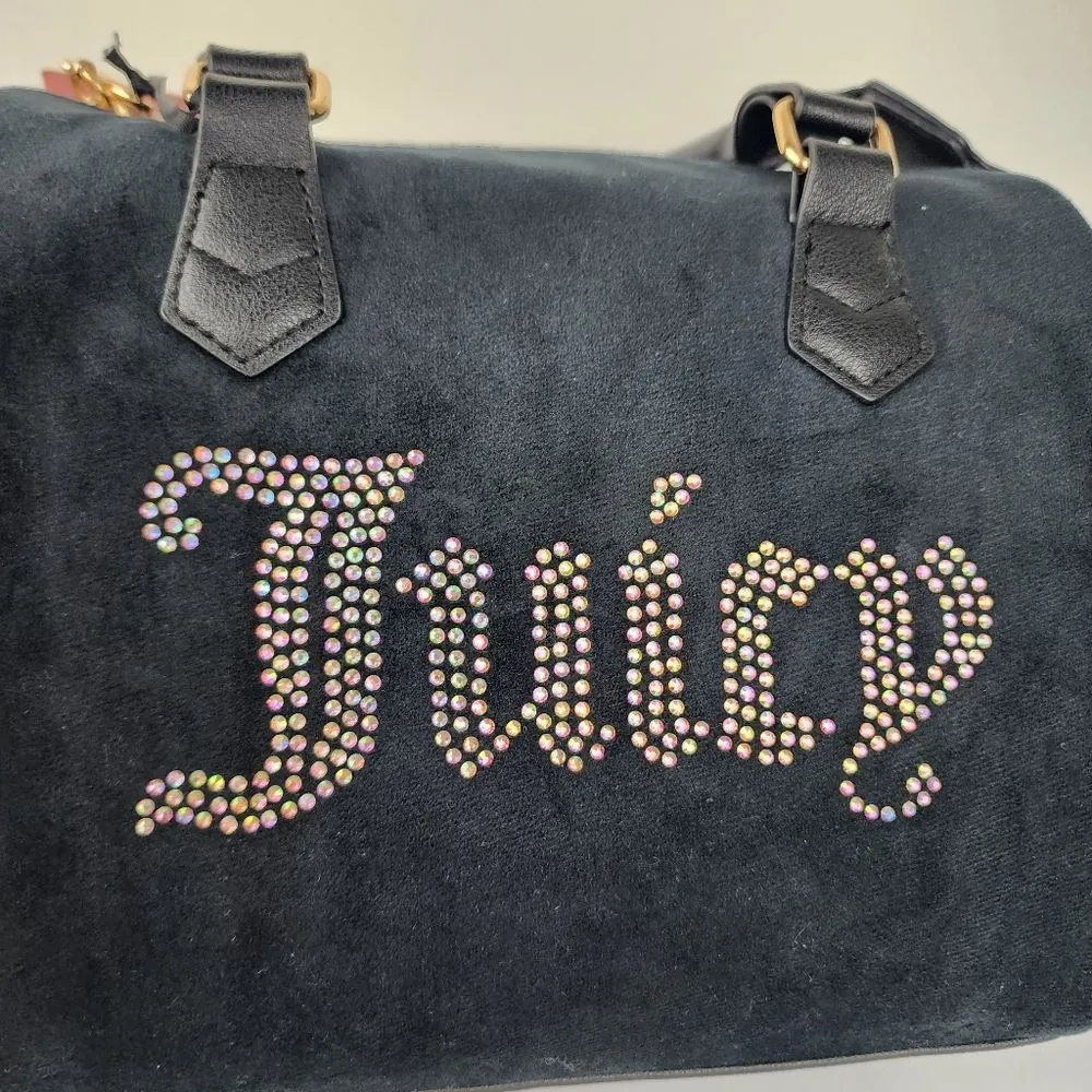 Juicy Couture Bag Obsession Satchel Black Velour Velvet Rhinestone Purse Handbag - Image 11