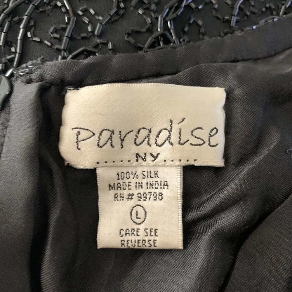 Vintage 90s Silk Beaded Tank Top L Black Lined Full Zip Back Evening Flapper Size L - Image 6