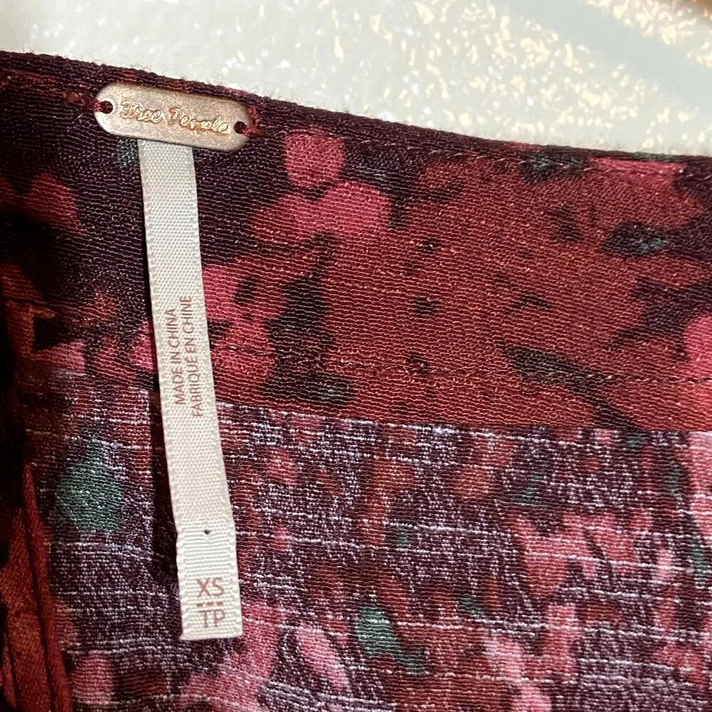 Free People Wrap Blouse Long Sleeve Flared Cuffs V-Neck Floral Berry Combo XS - Image 3