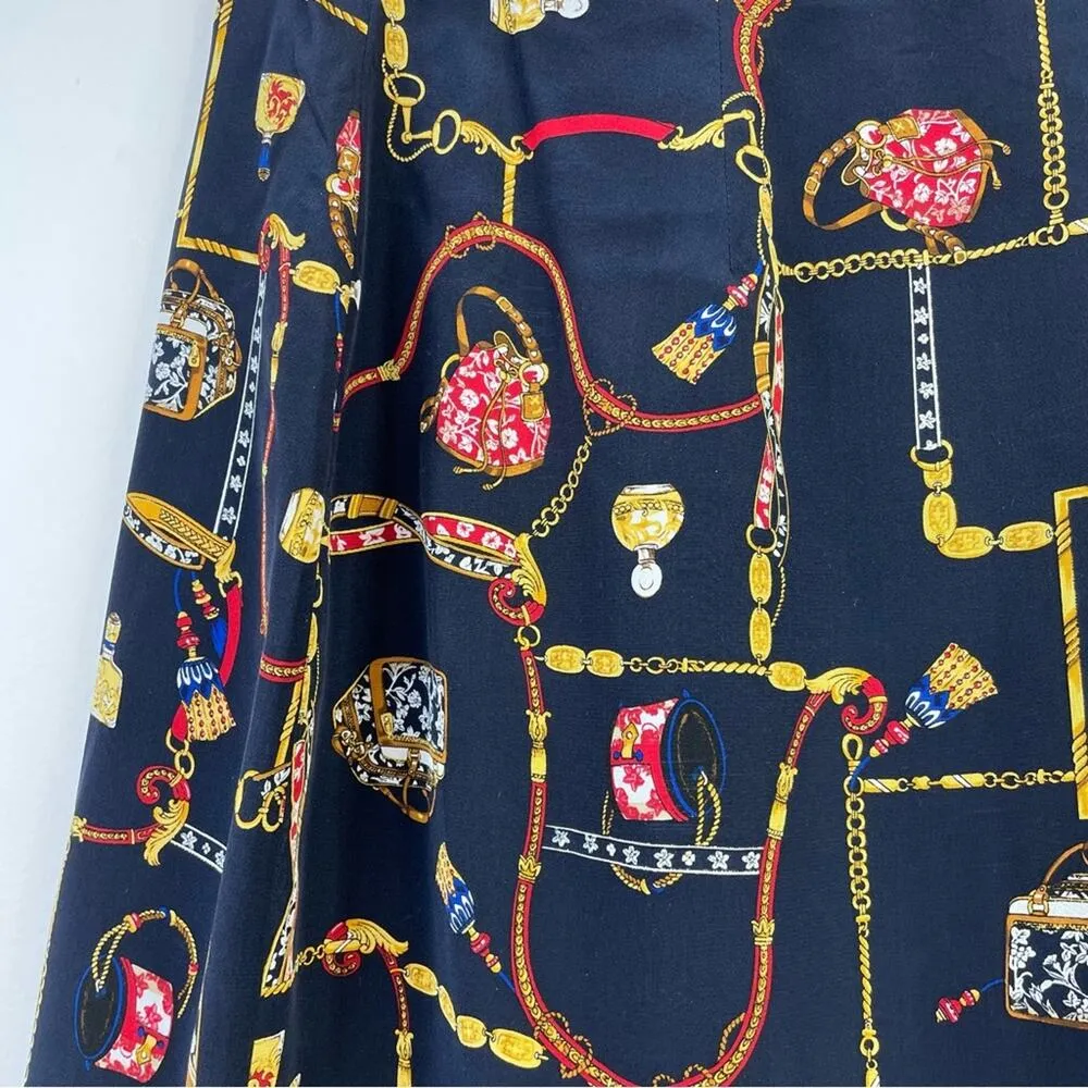 Vintage Y2K Classic Horsebit Chain Ribbon Floral Navy Blue Silk Wrap Skirt 4P 4 - Image 2