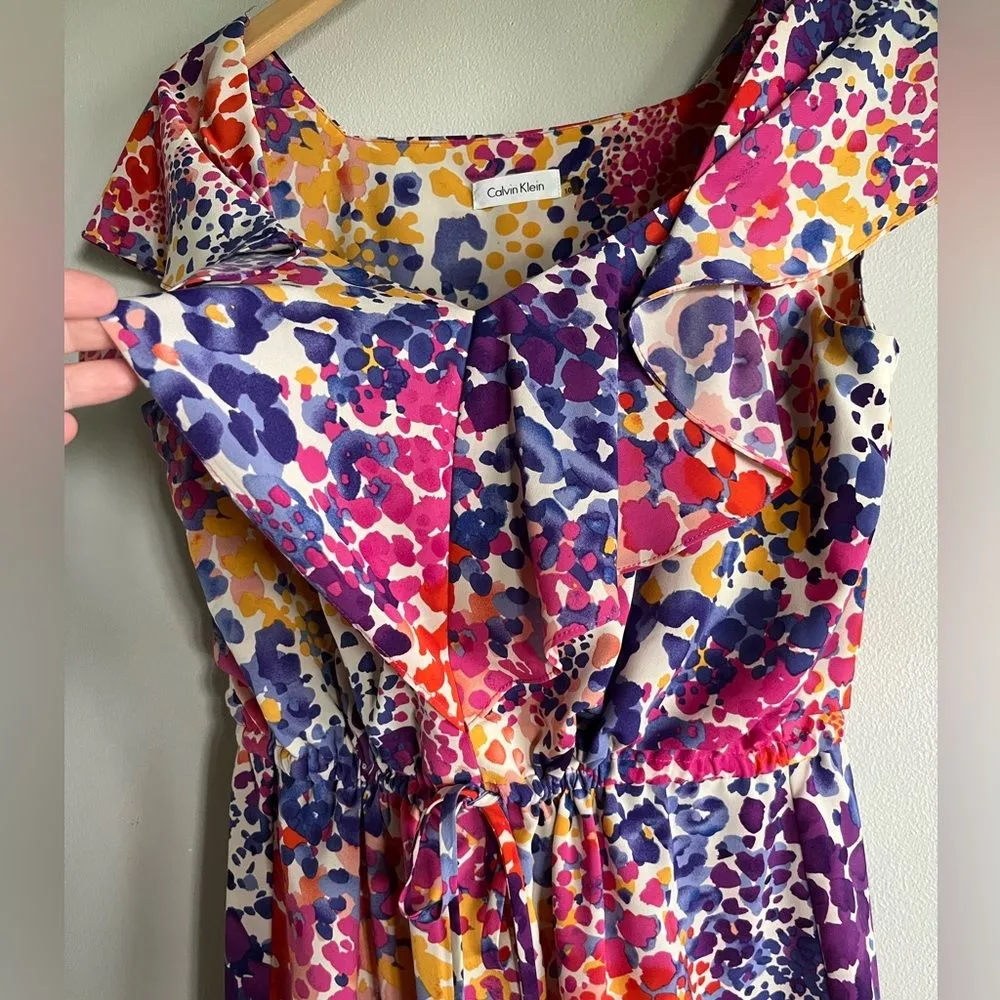 Calvin Klein Vibrant Abstract Leopard Ruffle Dress Pink Purple Multi Size 10 - Image 5