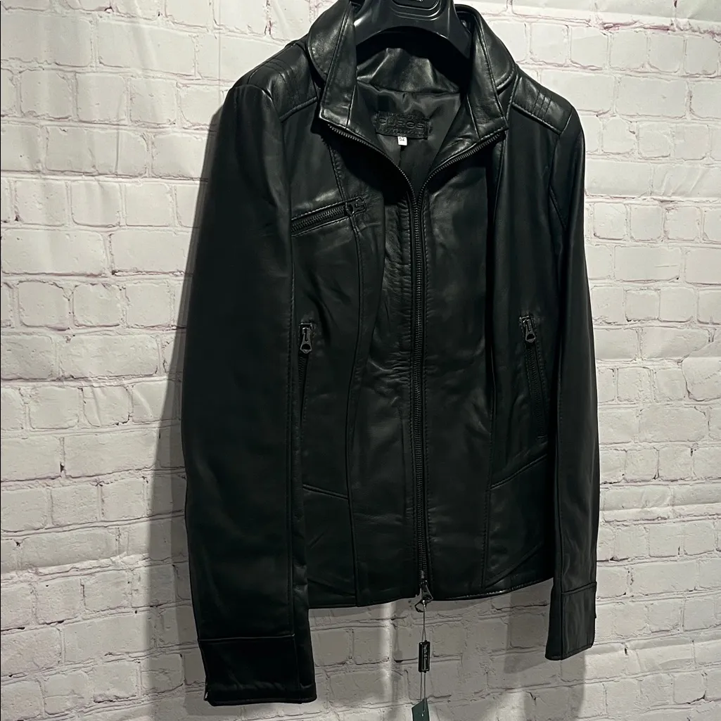 Italian Womans Black Leather‎ Zip Up Jacket Made by CURGÈ size 1X EU 52 NWT W14 - Image 6