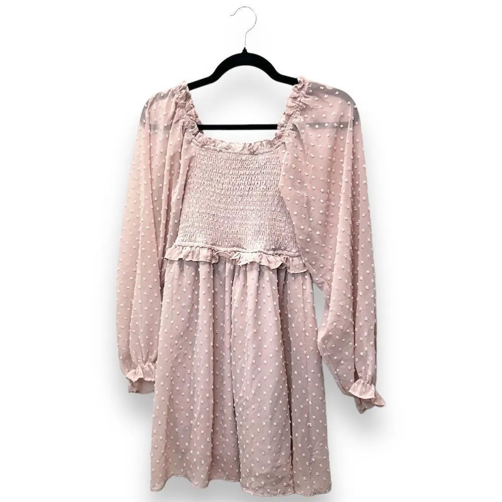 Womens Pink Polka Smocked Dress Sheer Sleeve Ruffle Hem‎ Coquette Cottagecore S - Image 2