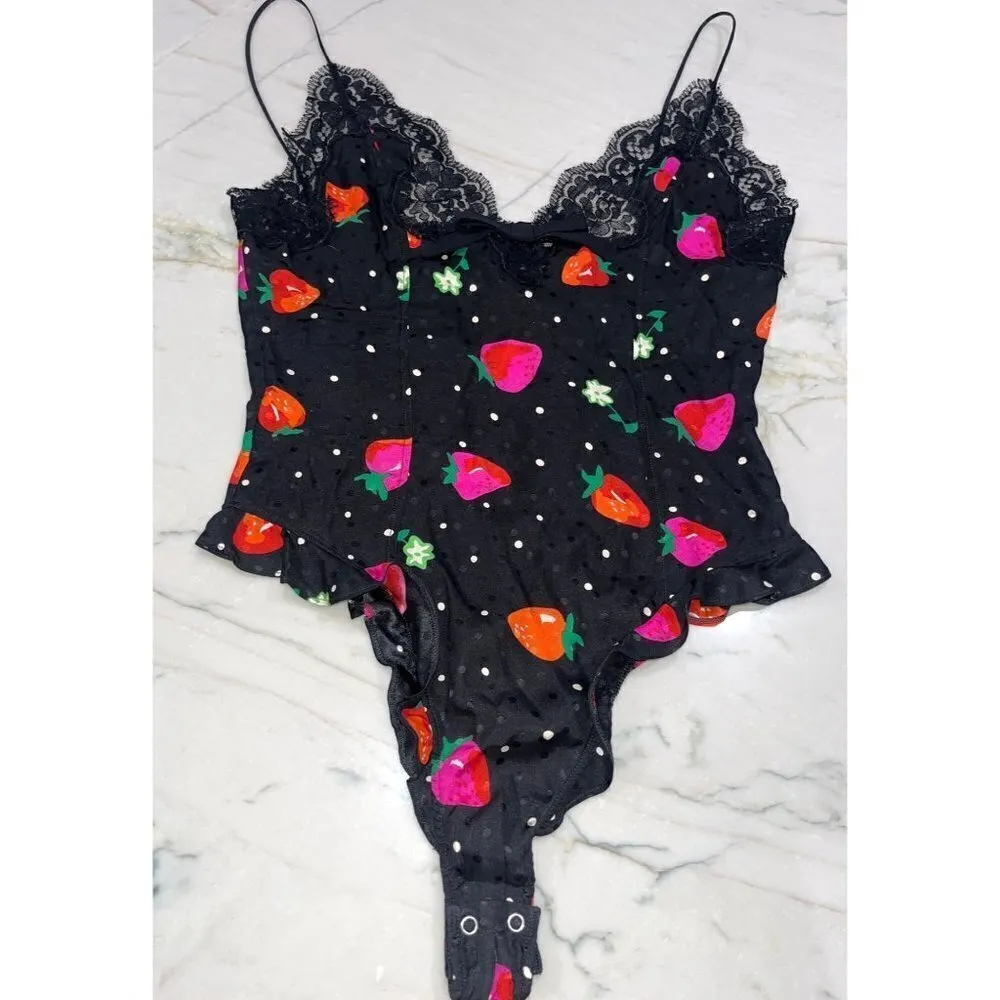Alessandra Rich Strawberry Print Silk Jacquard Bodysuit in Black 42 New Womens Size undefined - Image 6
