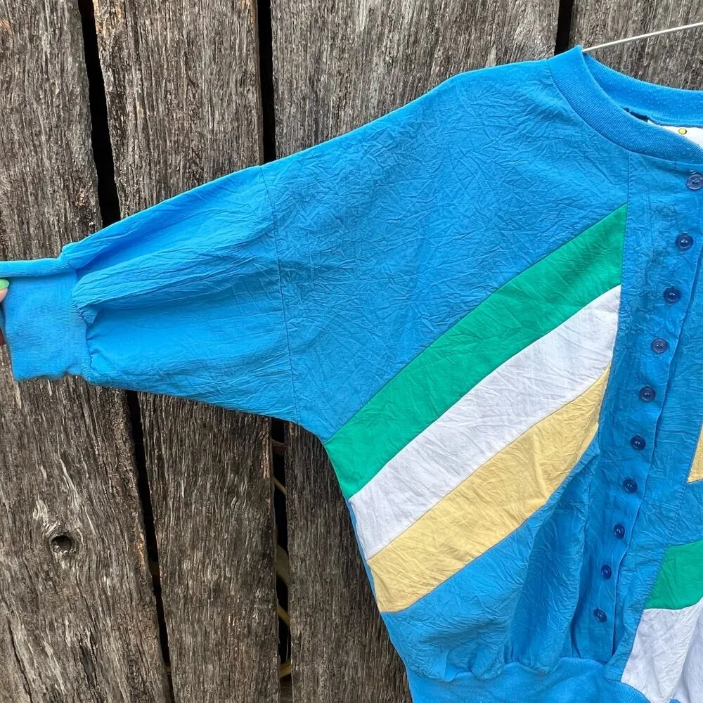 Vint. 80s Cortiva Color Block Blue Yellow Green White Batwing Windbreaker Blouse Size L - Image 2