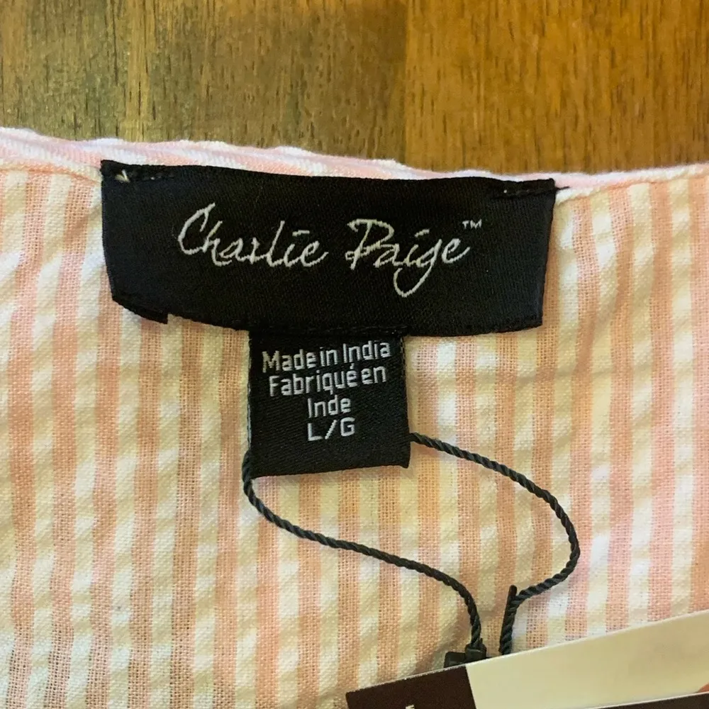 Charlie Paige NWT Top Large Pink White Stripes Tank Top with Ruffled Bib Collar - Image 2