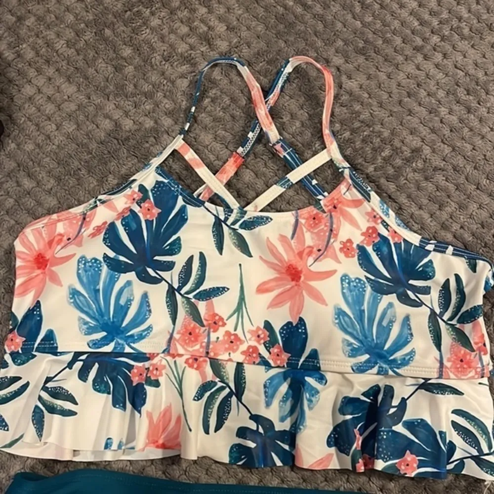 Women's Tankini Floral Tropical Two Piece Swimsuit Ruffle Top Size XL NWT #0209 Green - Image 3