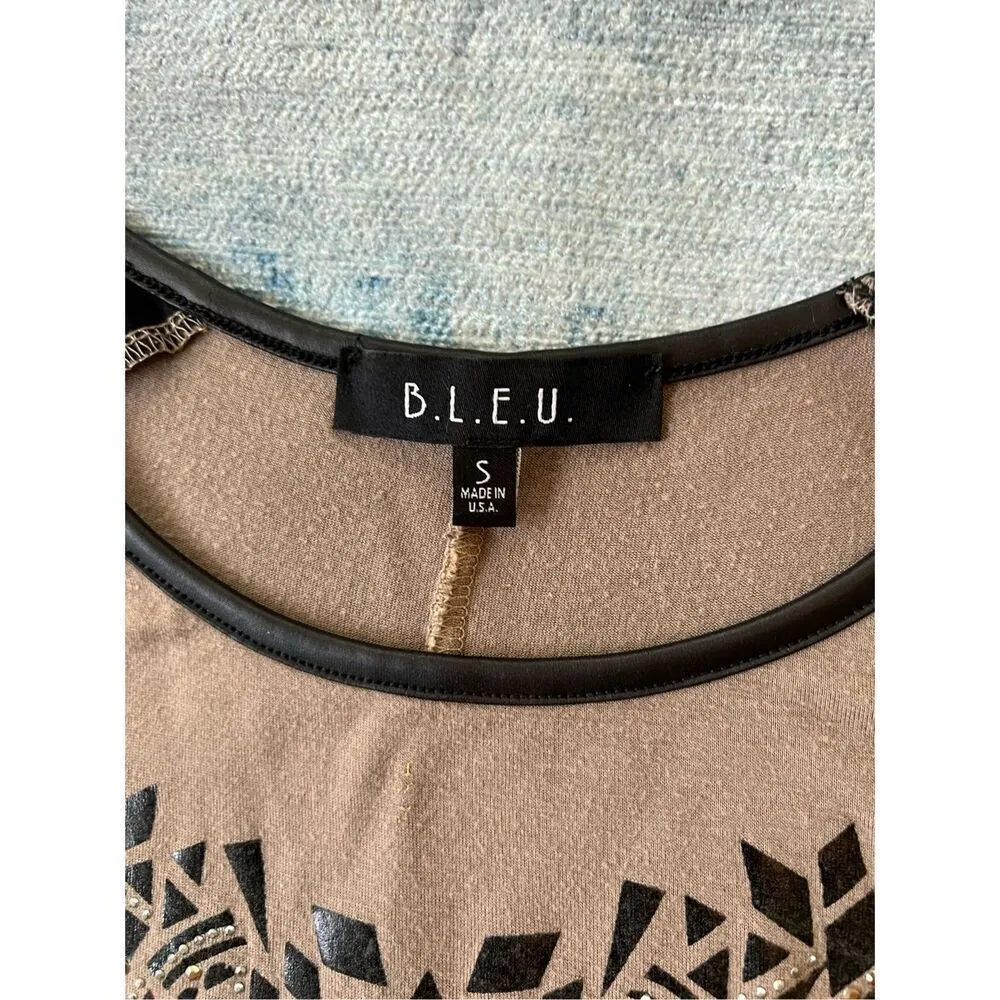 B.L.E.U. Tan Black Studded Long Tank Top w Faux Leather Shoulders Small - Image 3