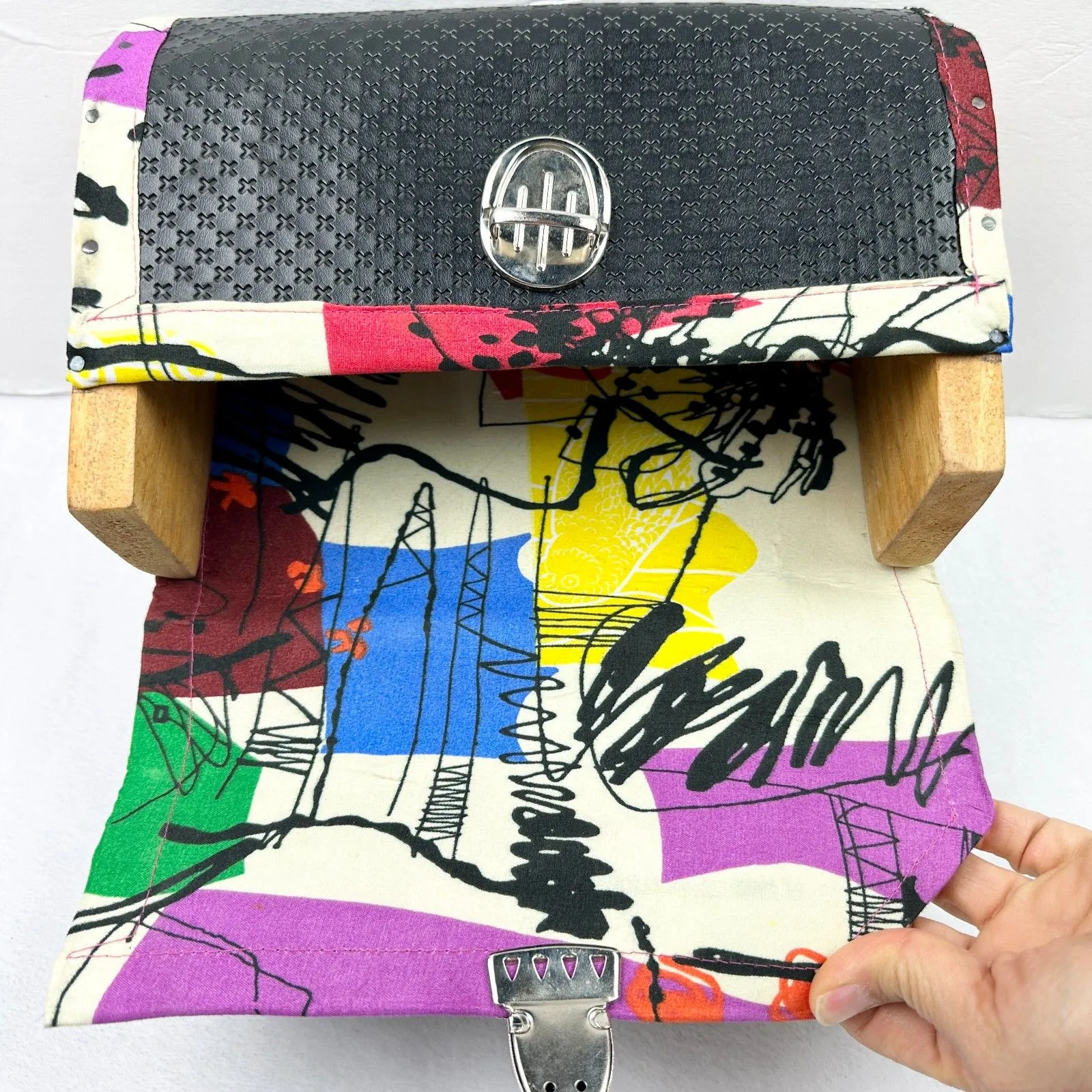 Handmade Top Handle Wood Fabric Handbag Purse Scandinavian Abstract Artsy OOAK - Image 8