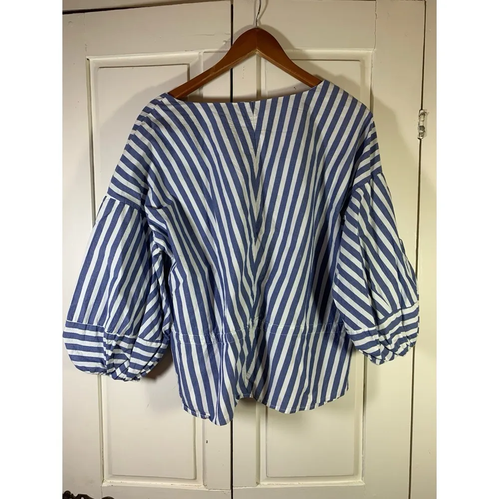 Striped Top Women Medium Boho Peasant Nautical Balloon Sleeves Cinched Waist - Image 3