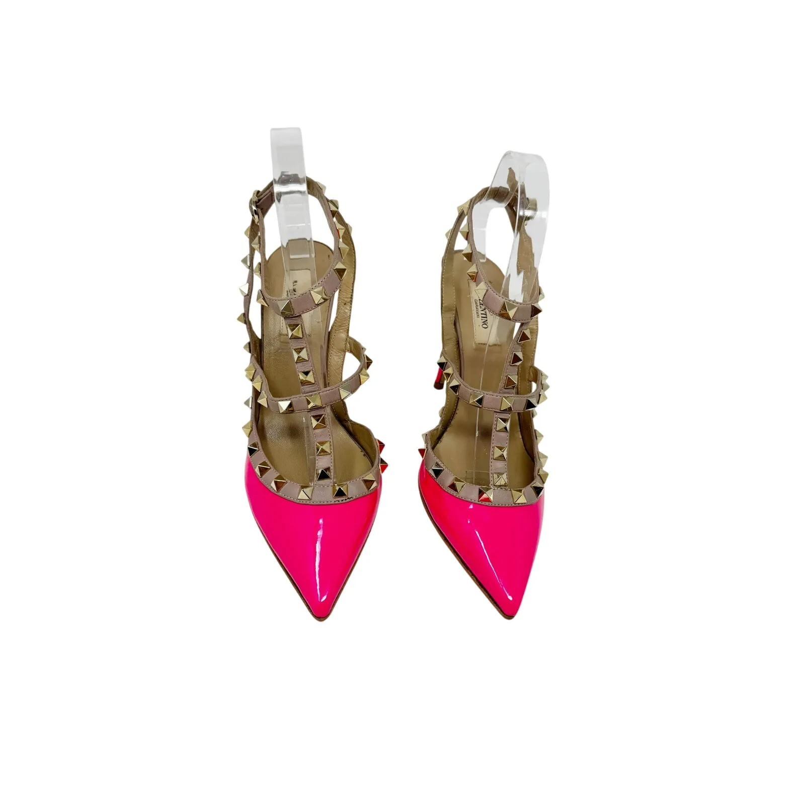 Valentino Rockstud Hot Pink Patent Slingback Heels Neon Studded Pumps EU 38.5 - Image 3