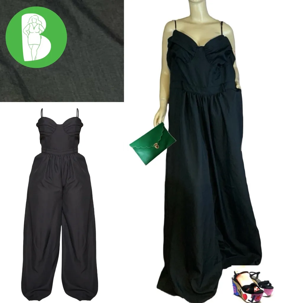 PRETTYLITTLETHING BLACK RUCHED SWEETHEART BODICE WIDE LEG JUMPSUIT NWT (20) - Image 2