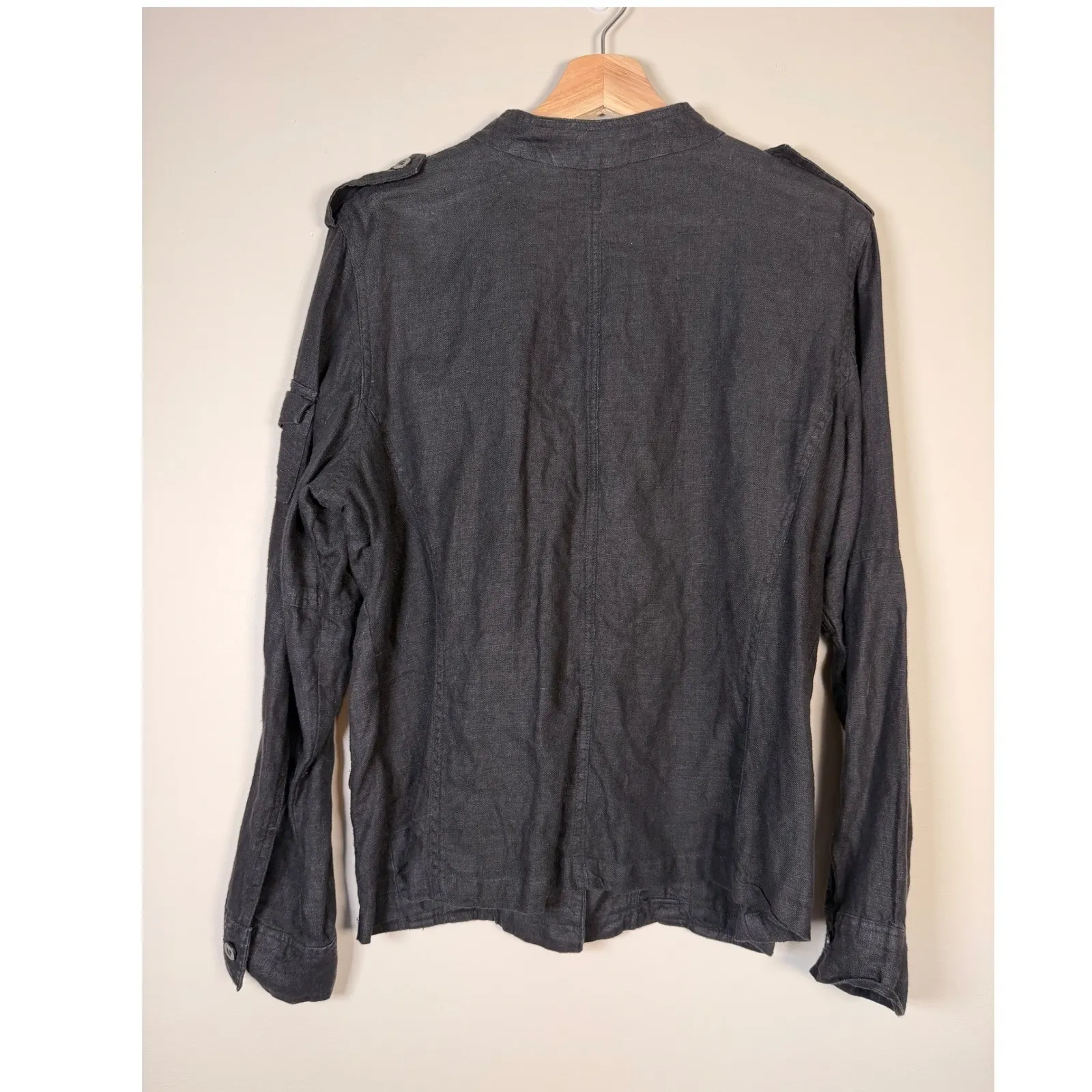 Oleg Cassini Women Black Linen Band Collar Military Style Jacket Size 14 Grunge‎ - Image 3