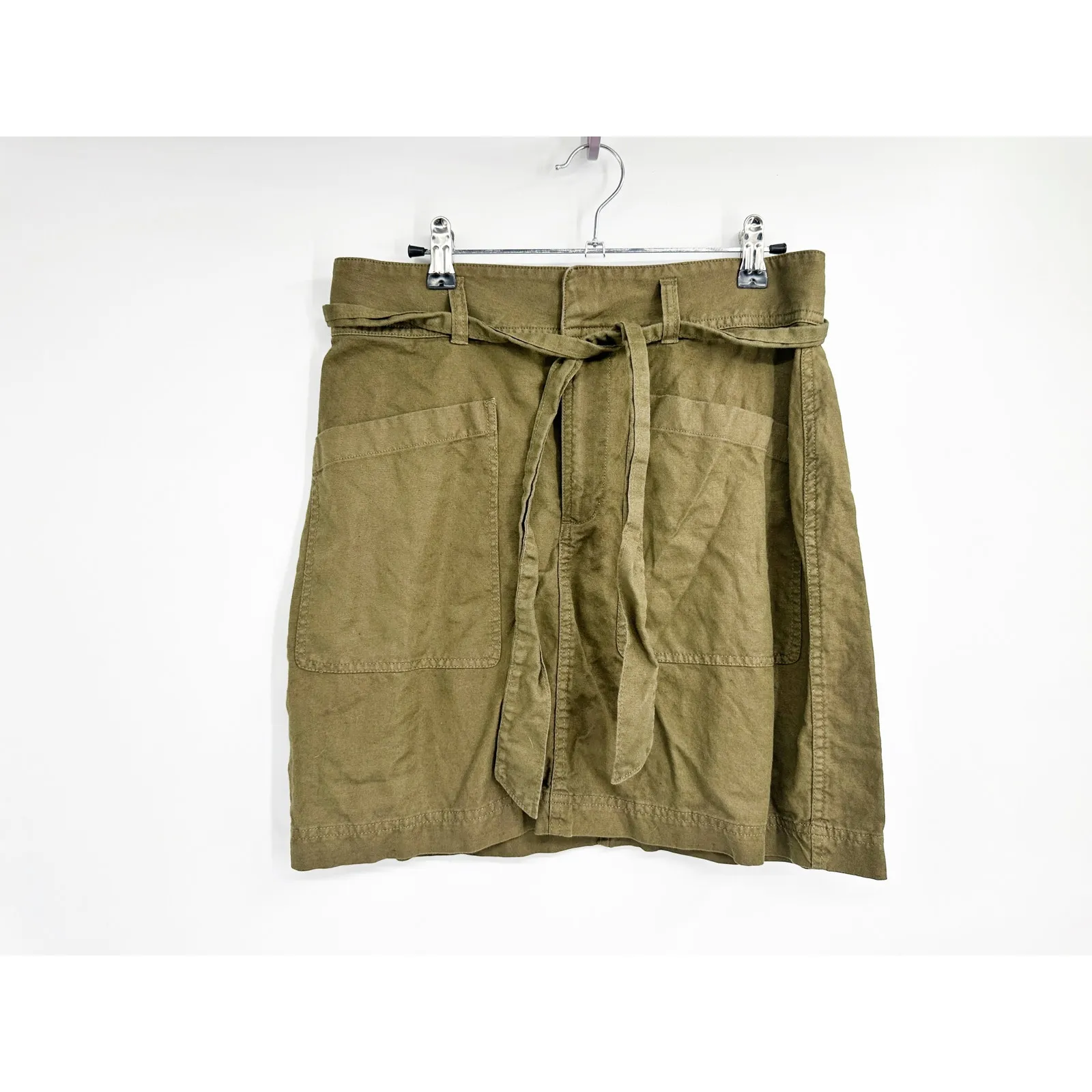Faherty Palos Verdes Military Olive Green Belted Tie Waist Utility Mini Skirt 8 - Image 2