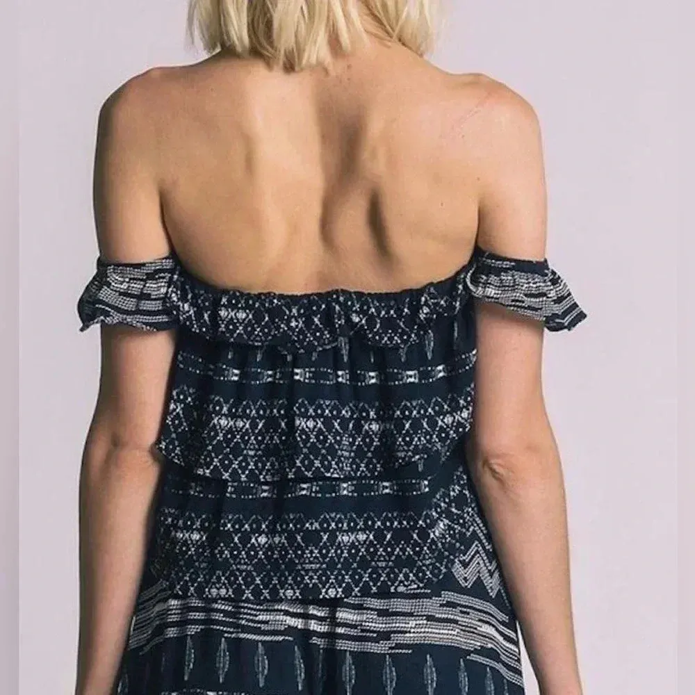 MISA Los Angeles Kaia off shoulder Crop Top Blouse shirt Ruffled tiered Navy S - Image 2