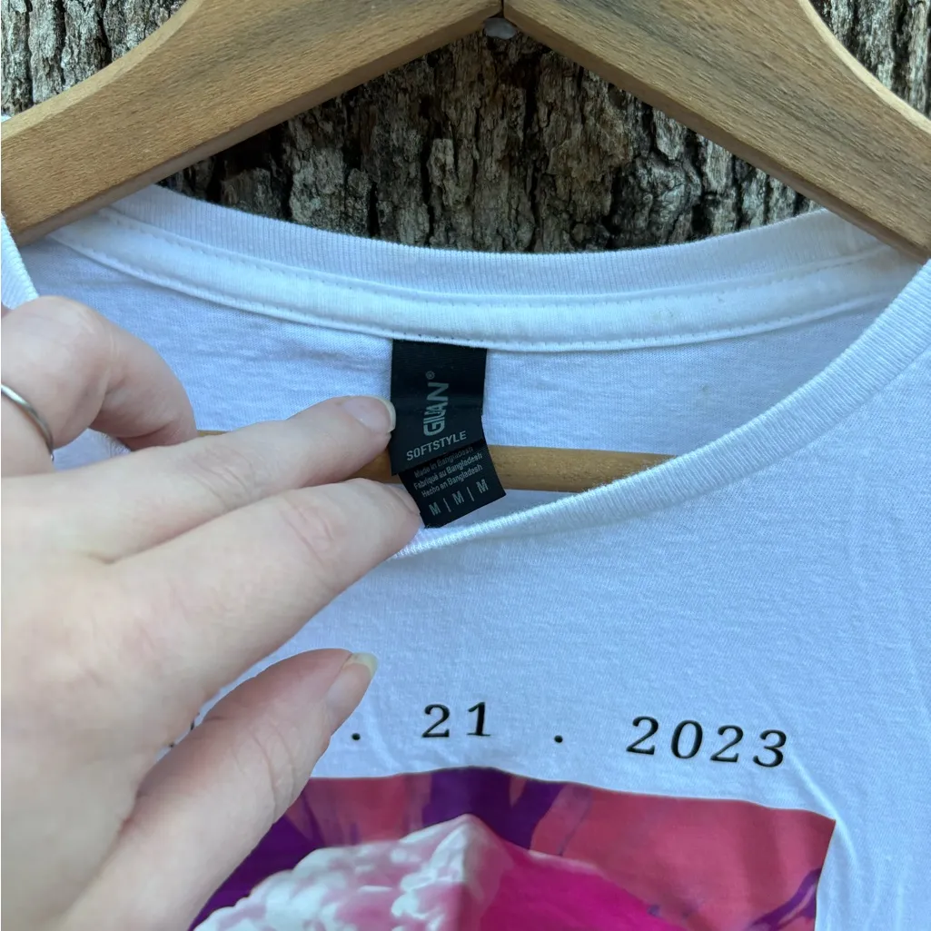 White Graphic T-Shirt with Pink and Purple Design - Image 2