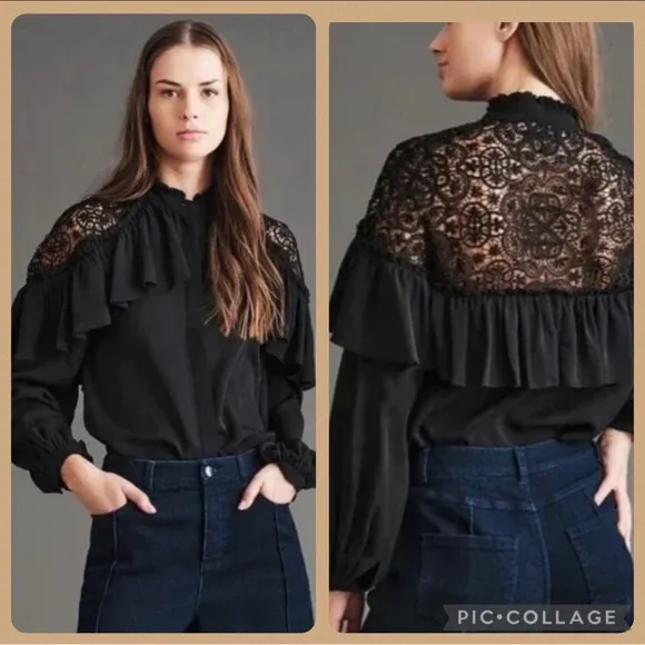 Haute Hippie Kamila Jet Black Lace Ruffle Top Size XS - Image 2