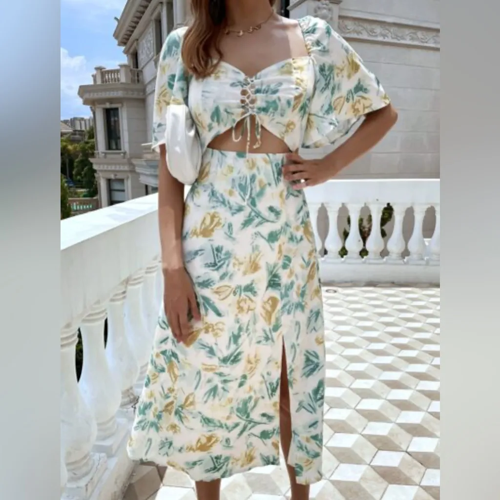 Zara Linen Flutter Sleeve Cutout Floral Midi Dress Yellow Floral Lace up Small - Image 4