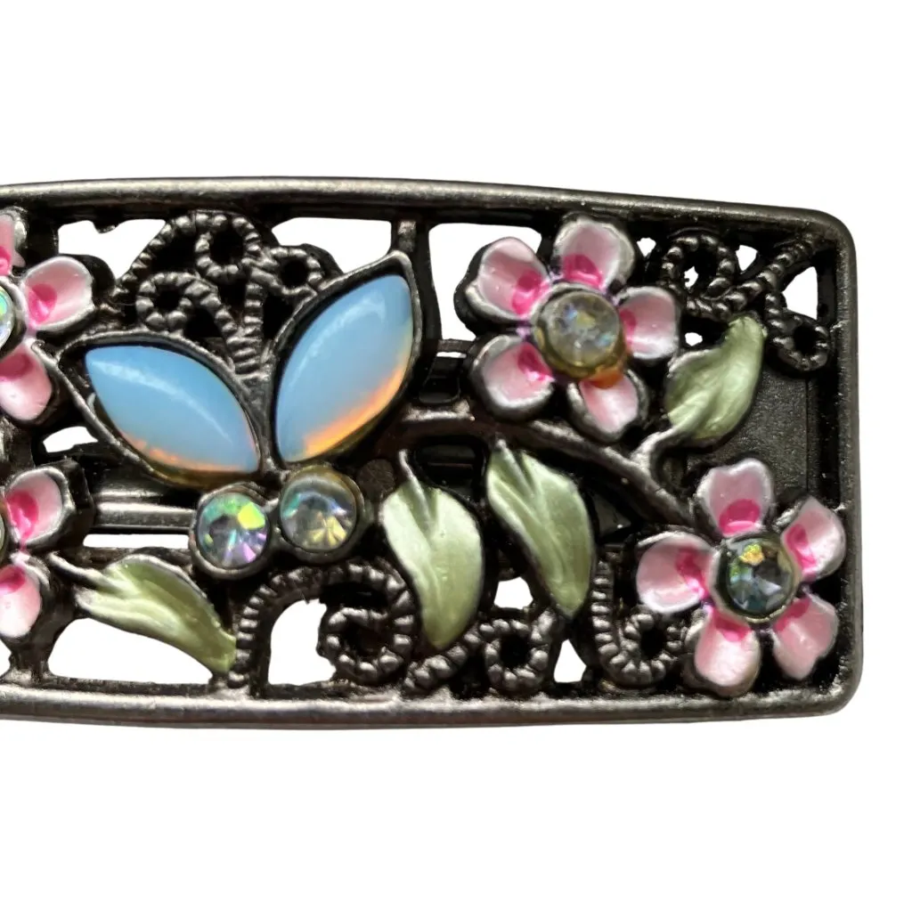 Vintage Silver Filigree Butterfly Barrette Pastel Rhinestone Floral Fairycore - Image 4