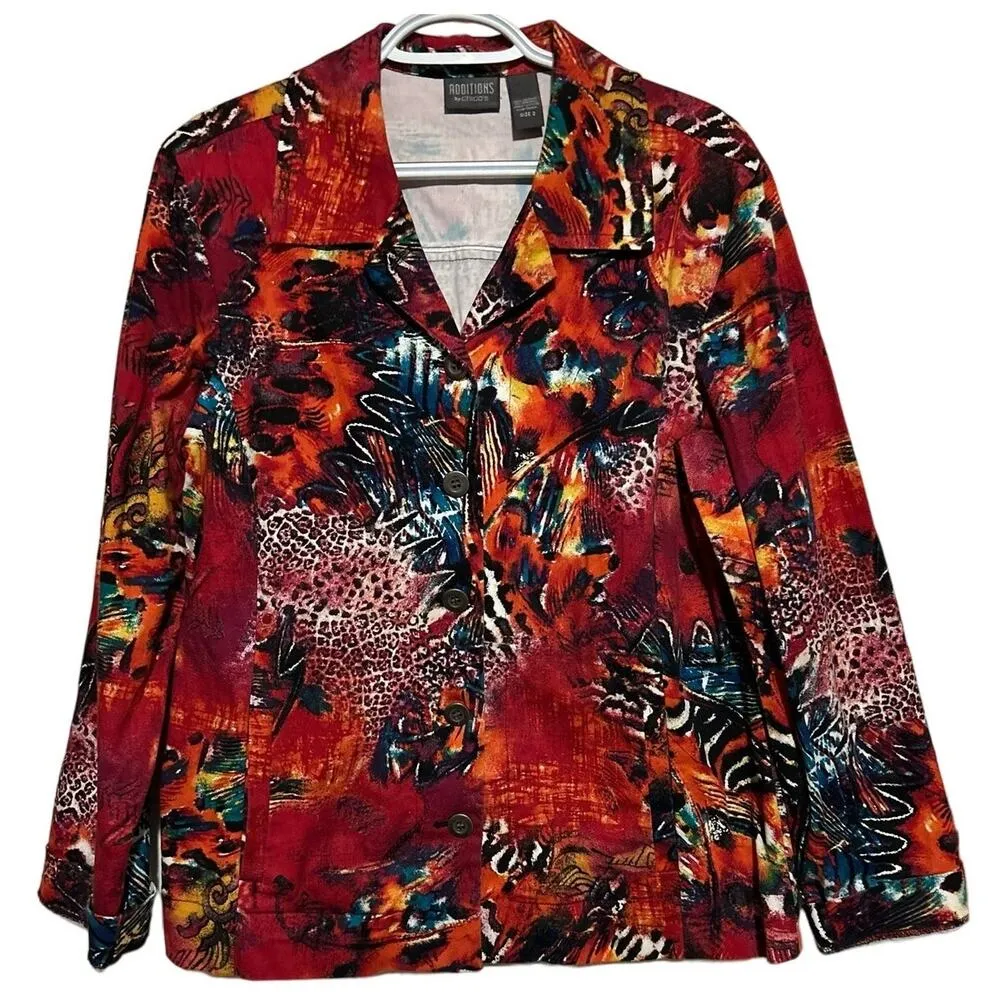 Additions by Chico's Women's Rust Black Blue Animal Print Denim Jackets Size 2=M Orange Size M - Image 2