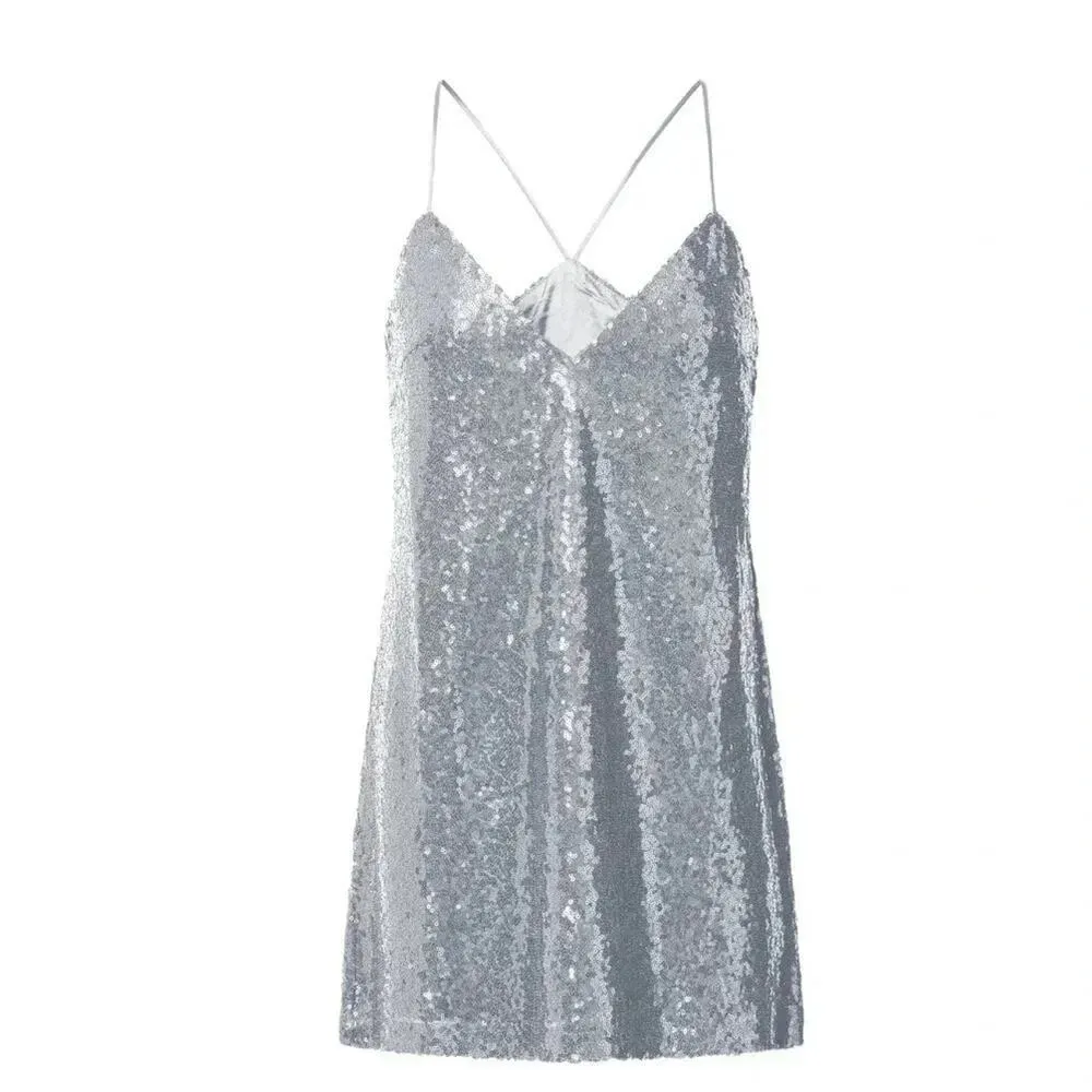 DELILAAH MINI DRESS STRAPPY V NECK SLIP SEQUIN DRESS IN SILVER SIZE 10 NWT - Image 2