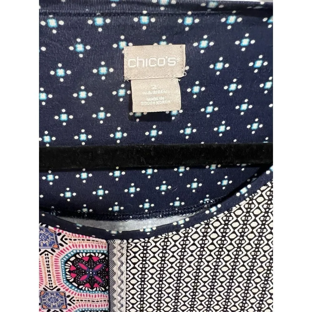 Chico's  Blouse Womens Blue Geometric Mandala Classic Boho Patchwork‎ Size 2 L - Image 6