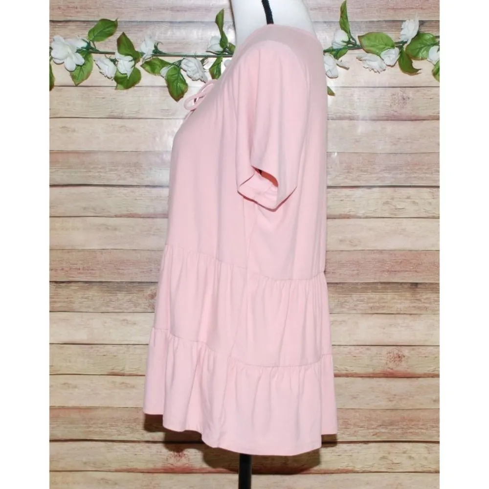 Harlow & Rose Ladies Pink Blouse Top Size L Short Sleeve Stretch Tiered Boho Size L - Image 5