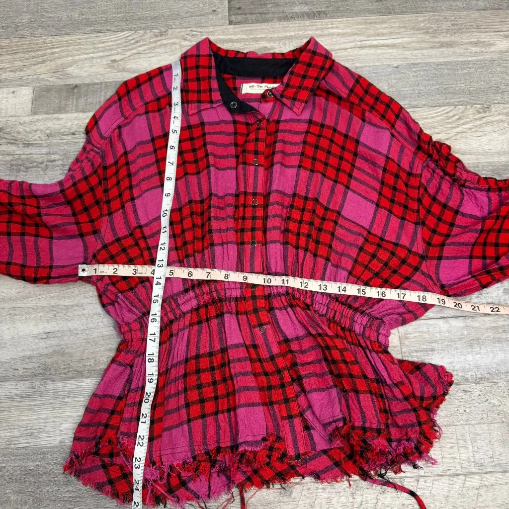 Free People We The Free pink red plaid flannel elastic waist size medium R33 - Image 6