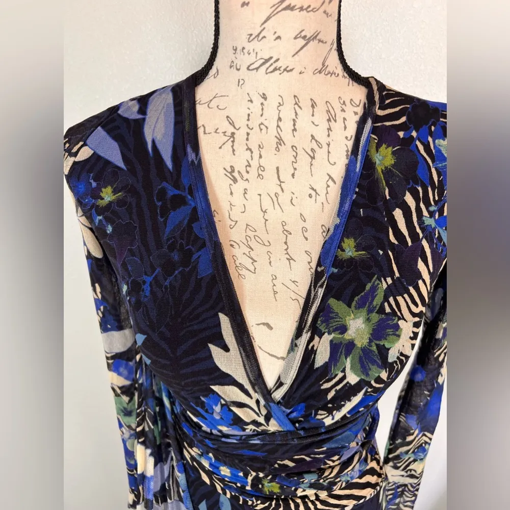 FUZZI Tulle Mesh Floral Bodycon Faux Wrap Dress Size S - Image 4
