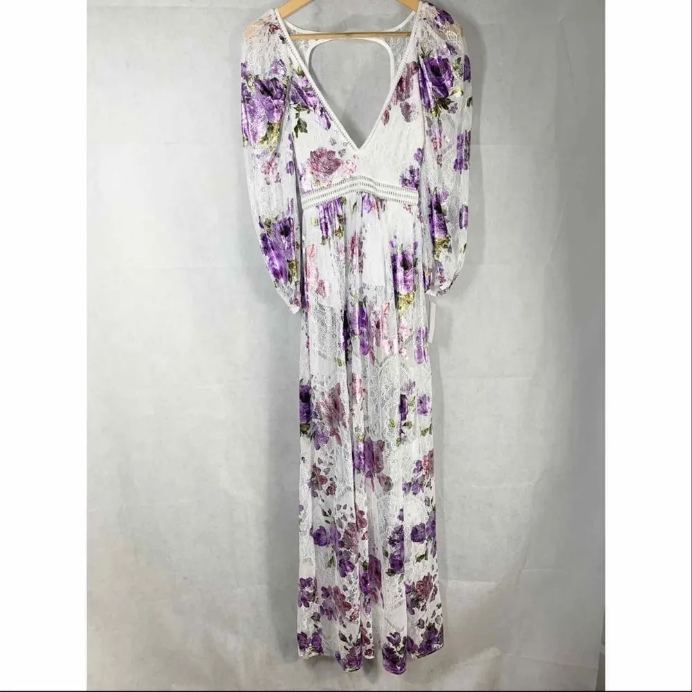 For Love & Lemons Wildflower Foil Lace Maxi Dress Lavender Size XS - Image 4