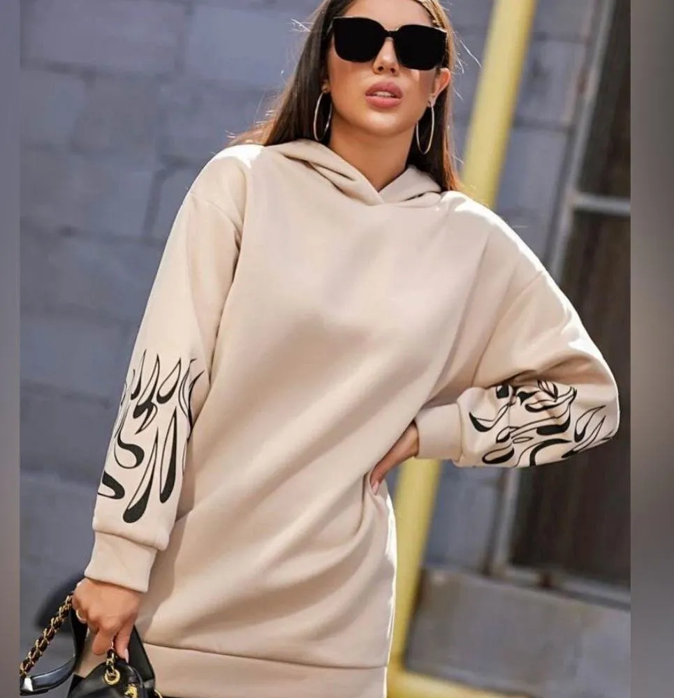 Oversized Tan Black Fire Print Arm Oversized Hoodie - Image 3