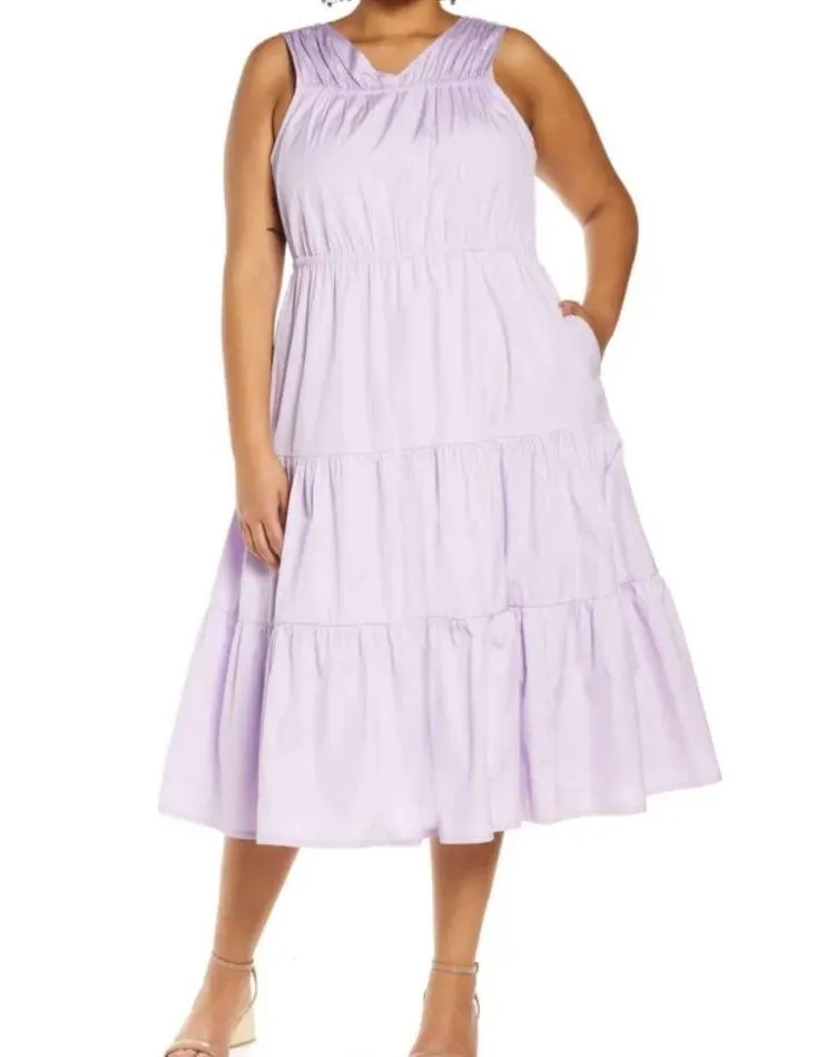 Halogen Sleeveless Tiered Poplin Dress Purple Bloom Lavender Size M New with Tag - Image 3